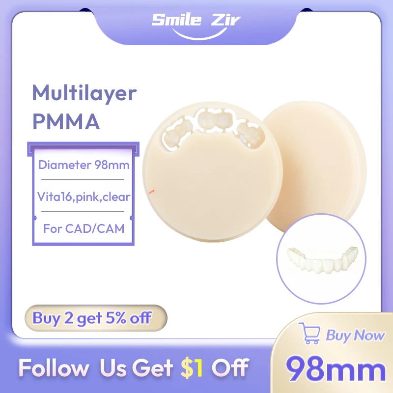 smile_zir Dental Multilayer PMMA Disc Block for Dental Lab 98mm CAD/ CAM Milling Resin Block Dentistry Materials VITA 16 Colors
smile_zir Dental Multilayer PMMA Disc Block for Dental Lab 98mm CAD/ CAM Milling Resin Block Dentistry Materials VITA 16 Colors