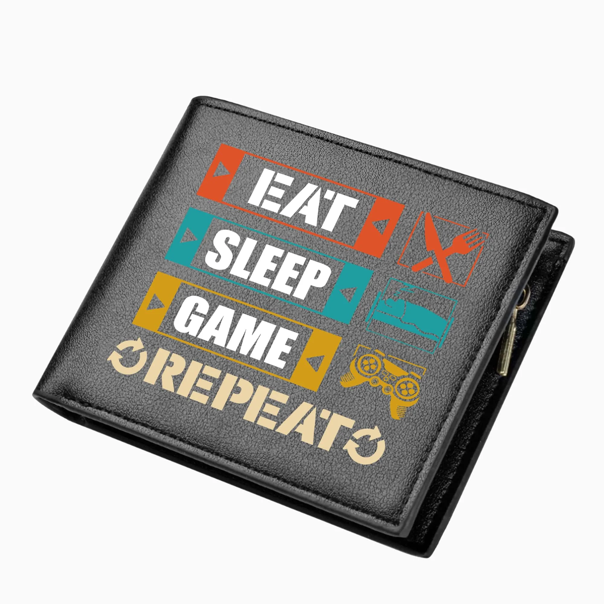 «EAT SLEEP GAME REPEAT» Черный короткий кошелек из искусственной кожи, держатель для удостоверений личности, двойной кошелек на молнии, карман для монет, маленький клатч для наличных денег
«EAT SLEEP GAME REPEAT» Черный короткий кошелек из искусственной кожи, держатель для удостоверений личности, двойной кошелек на молнии, карман для монет, маленький клатч для наличных денег
