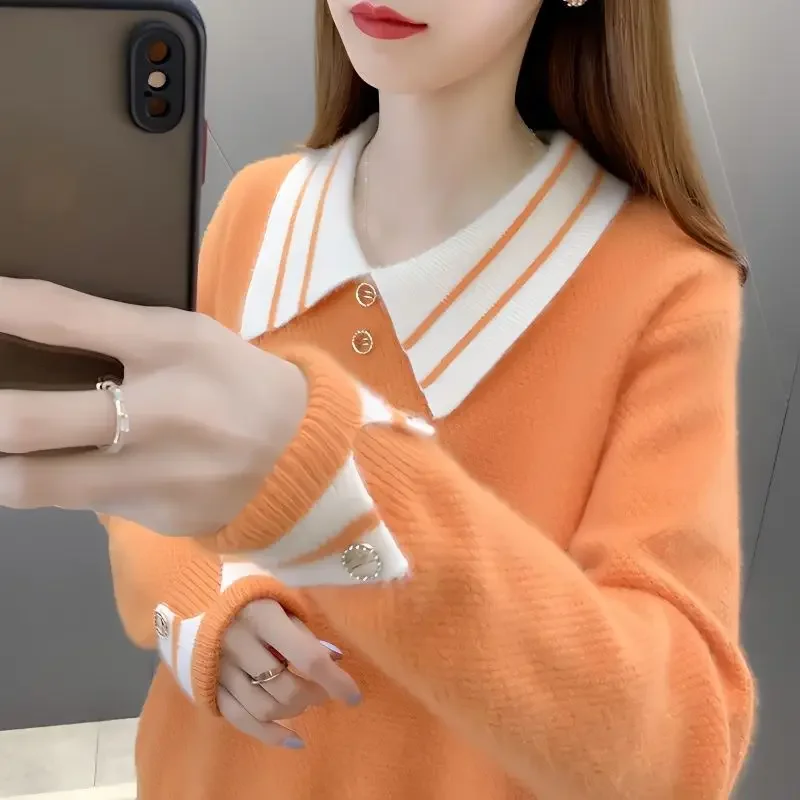 Autumn Winter Women's Clothing Long Sleeve Turn-down Collar Contrast Color Pullover Sweater Knitted Loose Office Lady Tops JJ155
Autumn Winter Women's Clothing Long Sleeve Turn-down Collar Contrast Color Pullover Sweater Knitted Loose Office Lady Tops JJ155