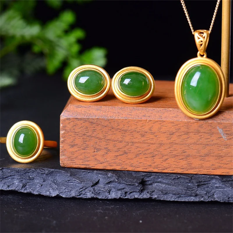 S925 Ювелирные изделия, инкрустированные Hetian Jade Surface, кольца, серьги, комплект подвесок, серебро, золото, цвет
S925 Ювелирные изделия, инкрустированные Hetian Jade Surface, кольца, серьги, комплект подвесок, серебро, золото, цвет