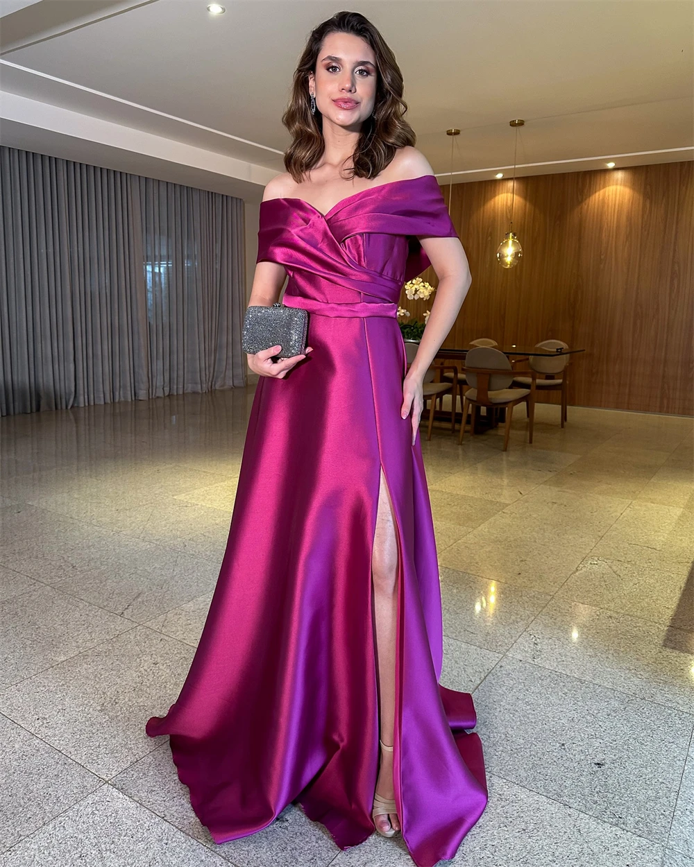 Customized Graceful Off the Shoulder Evening Dress Temperament Satin A-Line Celebrity Gowns Classic Satin Side Slit Party Dress
Customized Graceful Off the Shoulder Evening Dress Temperament Satin A-Line Celebrity Gowns Classic Satin Side Slit Party Dress