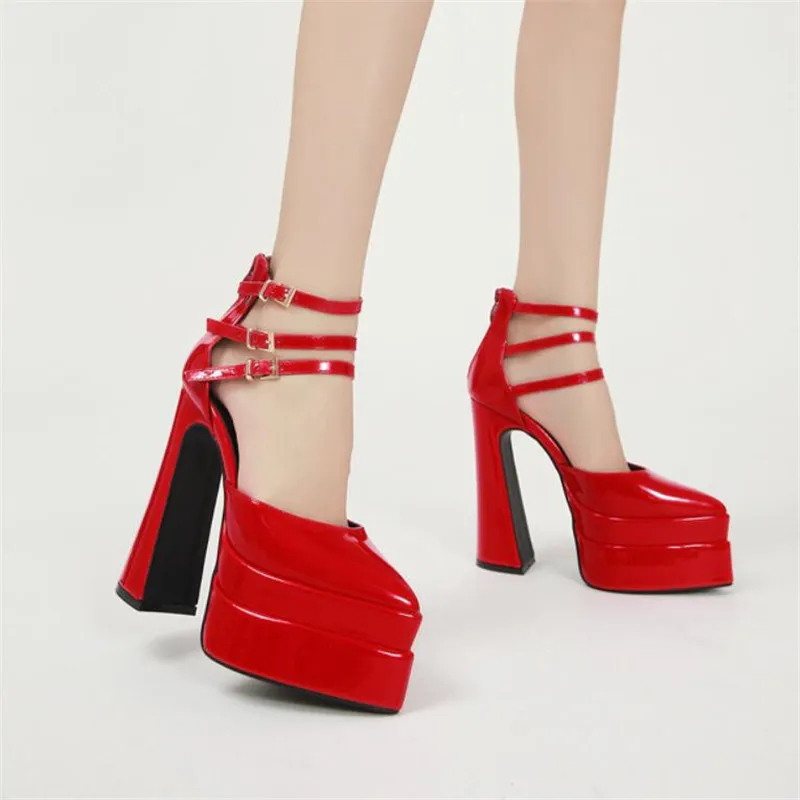 Sexy Pointed Toe Buckle Platform Super High Heels Sandals for Women 2022 Hollow Patent leather Punk Party Club Shoes Woman Pumps
Sexy Pointed Toe Buckle Platform Super High Heels Sandals for Women 2022 Hollow Patent leather Punk Party Club Shoes Woman Pumps