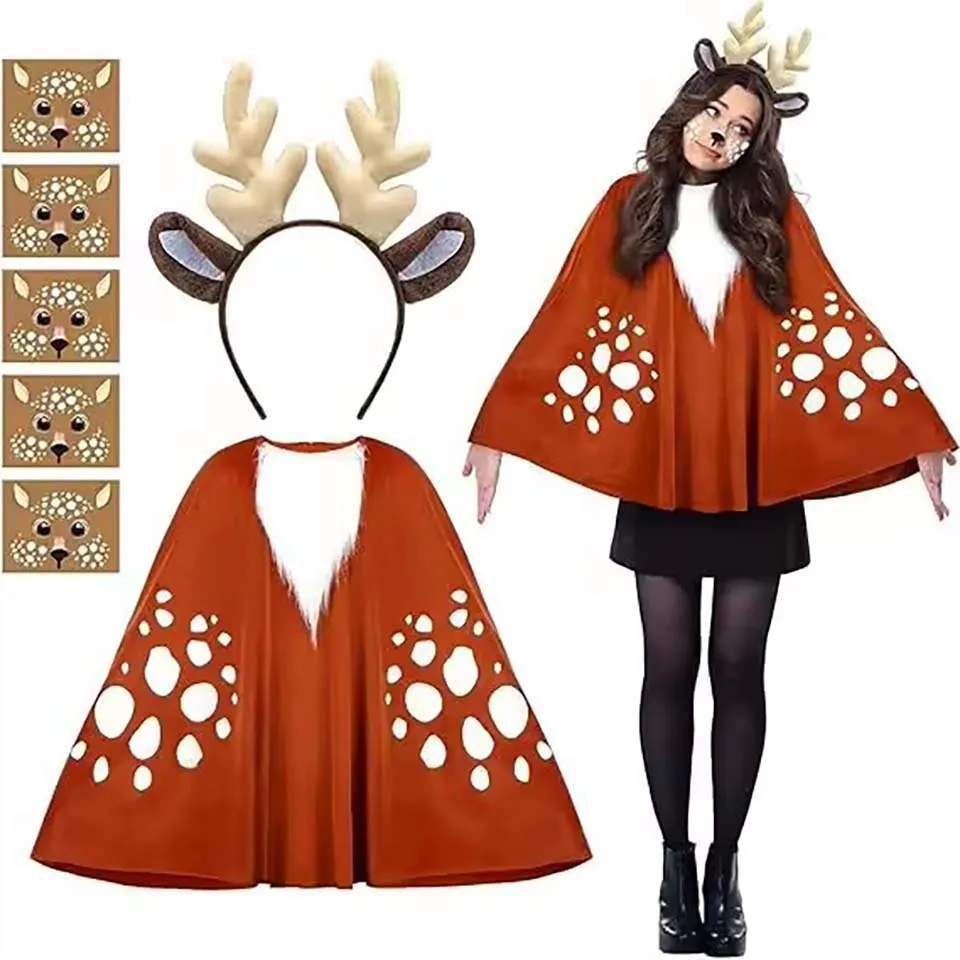 Комплект костюма оленя для женщин: взрослый костюм северного оленя, включая накидку и рождественскую повязку на голову
Комплект костюма оленя для женщин: взрослый костюм северного оленя, включая накидку и рождественскую повязку на голову