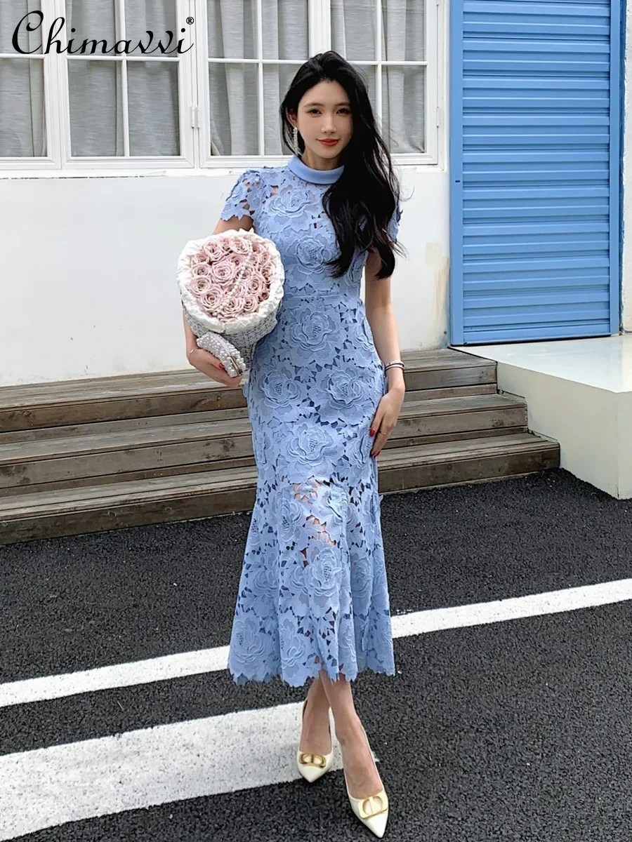 New French Retro Blue Hollow Three-dimensional Lace Long Dress for Women Princess Birthday Party Slim Temperament Fishtail Dress
New French Retro Blue Hollow Three-dimensional Lace Long Dress for Women Princess Birthday Party Slim Temperament Fishtail Dress