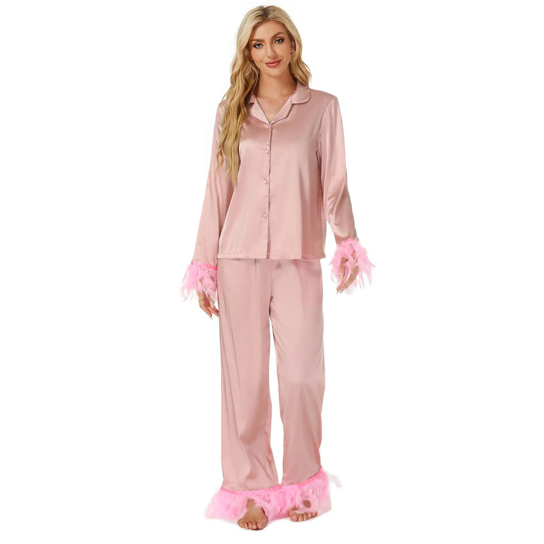 Feather Sleepwear Winter Pajama Set Long Sleeve Turn Down Collar Shirt Tops Wide Leg Pants Satin Casual Women 2 Piece Set
Feather Sleepwear Winter Pajama Set Long Sleeve Turn Down Collar Shirt Tops Wide Leg Pants Satin Casual Women 2 Piece Set