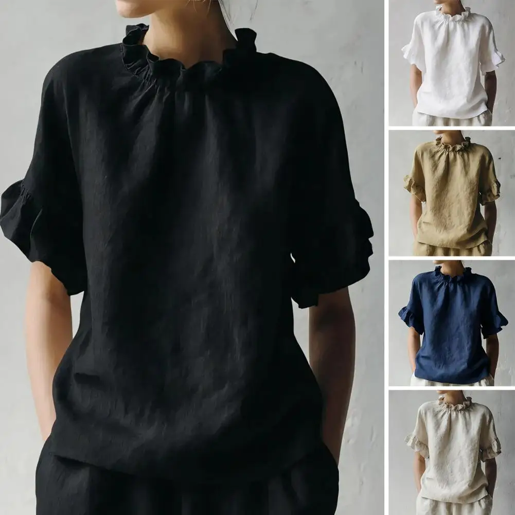 Women Summer Blouse Solid Color Loose Fit O-Neck Short Sleeve Ruffle Splicing Pullover Tops Casual Daily Wear Shirt
Women Summer Blouse Solid Color Loose Fit O-Neck Short Sleeve Ruffle Splicing Pullover Tops Casual Daily Wear Shirt
