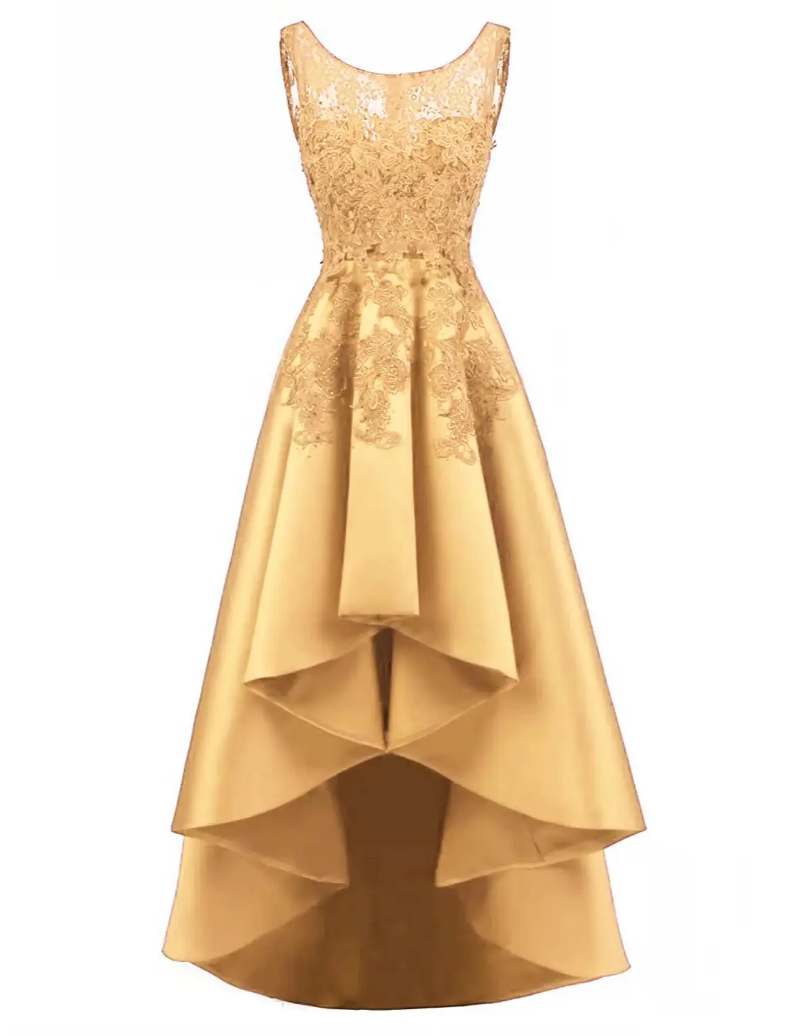 Vintage High Low Prom Dress With O-Neck Back Zipper Lace Applique Satin Cocktail Party Gown Gold Elegant Evening Wear Customized
Vintage High Low Prom Dress With O-Neck Back Zipper Lace Applique Satin Cocktail Party Gown Gold Elegant Evening Wear Customized