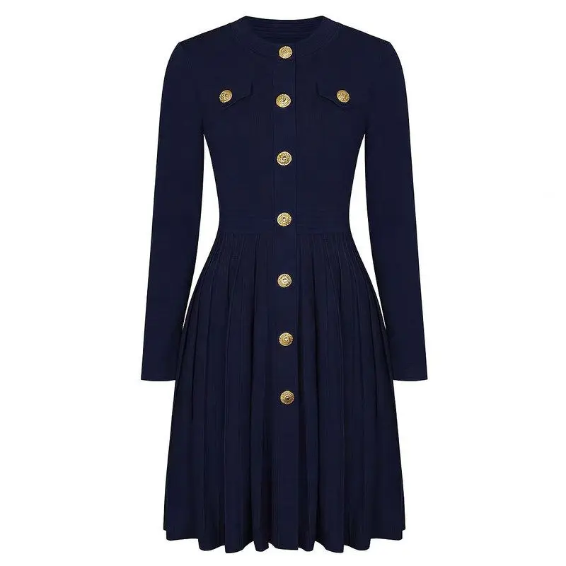 High-End Quality Fashionable Knitted round Neck Gold Button Slim Fit Pleated Long Sleeve Dress Elegant Lady Style mid Waist
High-End Quality Fashionable Knitted round Neck Gold Button Slim Fit Pleated Long Sleeve Dress Elegant Lady Style mid Waist