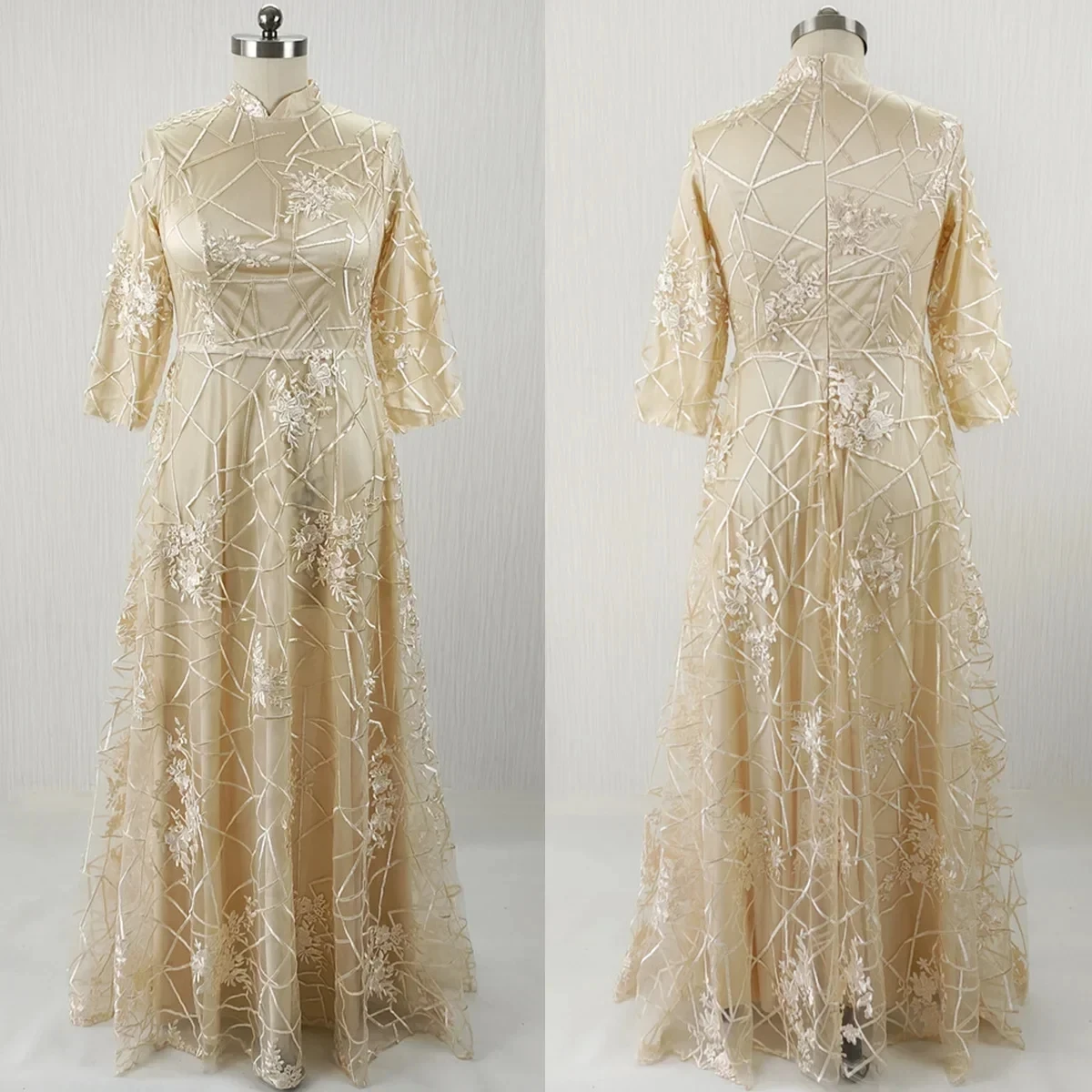 Customized Real Photo Plus size Modest Evening Dresses Champagne High Collar A-line Floor Length Plus size Party Formal Gowns
Customized Real Photo Plus size Modest Evening Dresses Champagne High Collar A-line Floor Length Plus size Party Formal Gowns