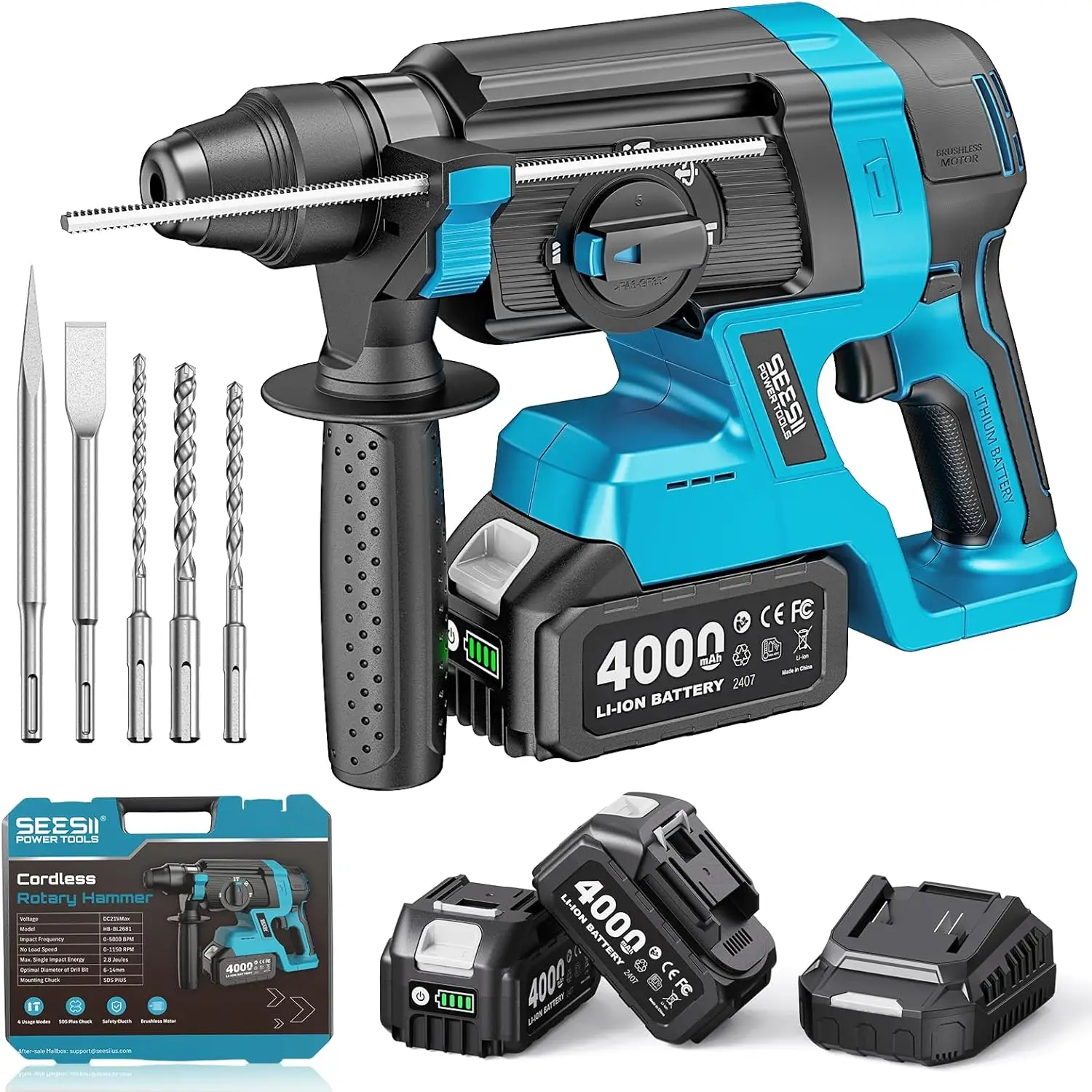 1-Inch Cordless SDS-Plus Rotary Hammer Drill, 2.8J Impact Energy Brushless Motor, 4-Mode with Safety Clutch, 2 x 4.0Ah Batteries & Chisel/Bit Set for Concrete Drilling & Home Renovation
1-Inch Cordless SDS-Plus Rotary Hammer Drill, 2.8J Impact Energy Brushless Motor, 4-Mode with Safety Clutch, 2 x 4.0Ah Batteries & Chisel/Bit Set for Concrete Drilling & Home Renovation