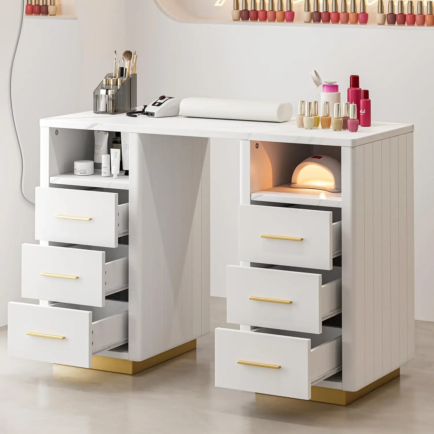 Paddie Beauty Manicure Table with Storage Drawers, Nail Desk for Nail Tech Acetone Resistant with Wrist Rest, Beauty Salon Works
Paddie Beauty Manicure Table with Storage Drawers, Nail Desk for Nail Tech Acetone Resistant with Wrist Rest, Beauty Salon Works
