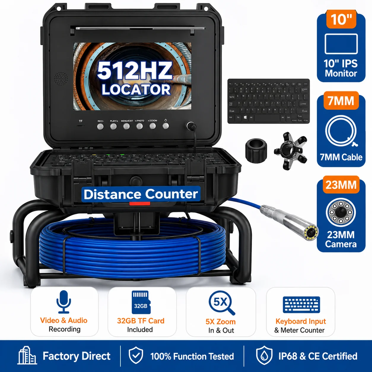 10" IPS AHD 1080P Self-Leveling Sewer Inspection Camera, 512Hz Locator, 7MM Fiberglass Cable, Video Audio Recording
10" IPS AHD 1080P Self-Leveling Sewer Inspection Camera, 512Hz Locator, 7MM Fiberglass Cable, Video Audio Recording