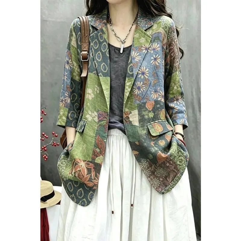 New Chinese Patchwork Floral Linen Blazer Women Three Quarter Sleeve Loose Open Front Jacket
New Chinese Patchwork Floral Linen Blazer Women Three Quarter Sleeve Loose Open Front Jacket