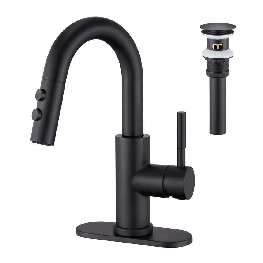 Смеситель для раковины с выдвижным изливом, матовый черный, с одной ручкой, с выдвижным сливным клапаном, для раковины в прачечной на 1 или 3 отверстия
Смеситель для раковины с выдвижным изливом, матовый черный, с одной ручкой, с выдвижным сливным клапаном, для раковины в прачечной на 1 или 3 отверстия