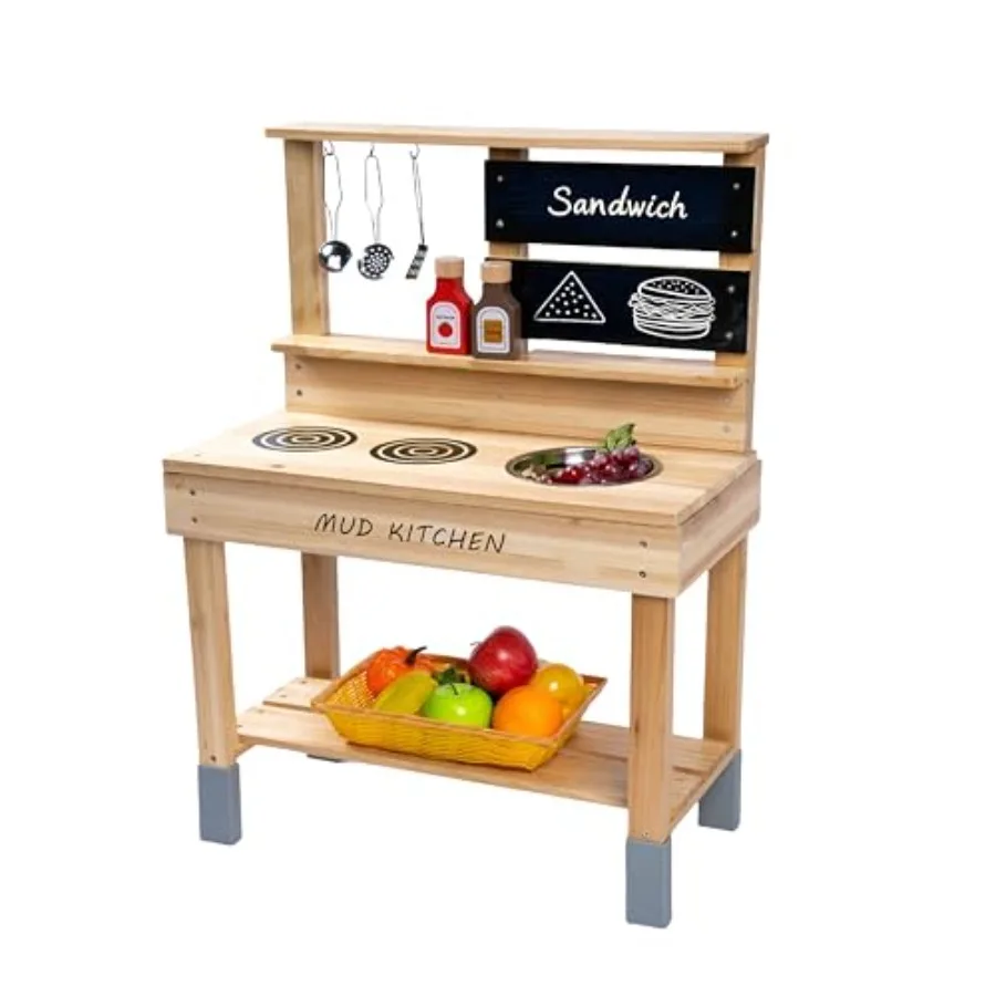 Outdoor wooden mud kitchen for kids, made of fir wood in natural wood color, featuring sink, blackboard, and accessories for pr
Outdoor wooden mud kitchen for kids, made of fir wood in natural wood color, featuring sink, blackboard, and accessories for pr