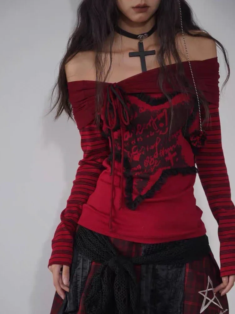Japanese Y2k Off Shoulder Harajuku T-shirt Women Gothic Long Sleeve Vintage Red Stripe Star Graphic T Shirts Grunge Casual Tops
Japanese Y2k Off Shoulder Harajuku T-shirt Women Gothic Long Sleeve Vintage Red Stripe Star Graphic T Shirts Grunge Casual Tops