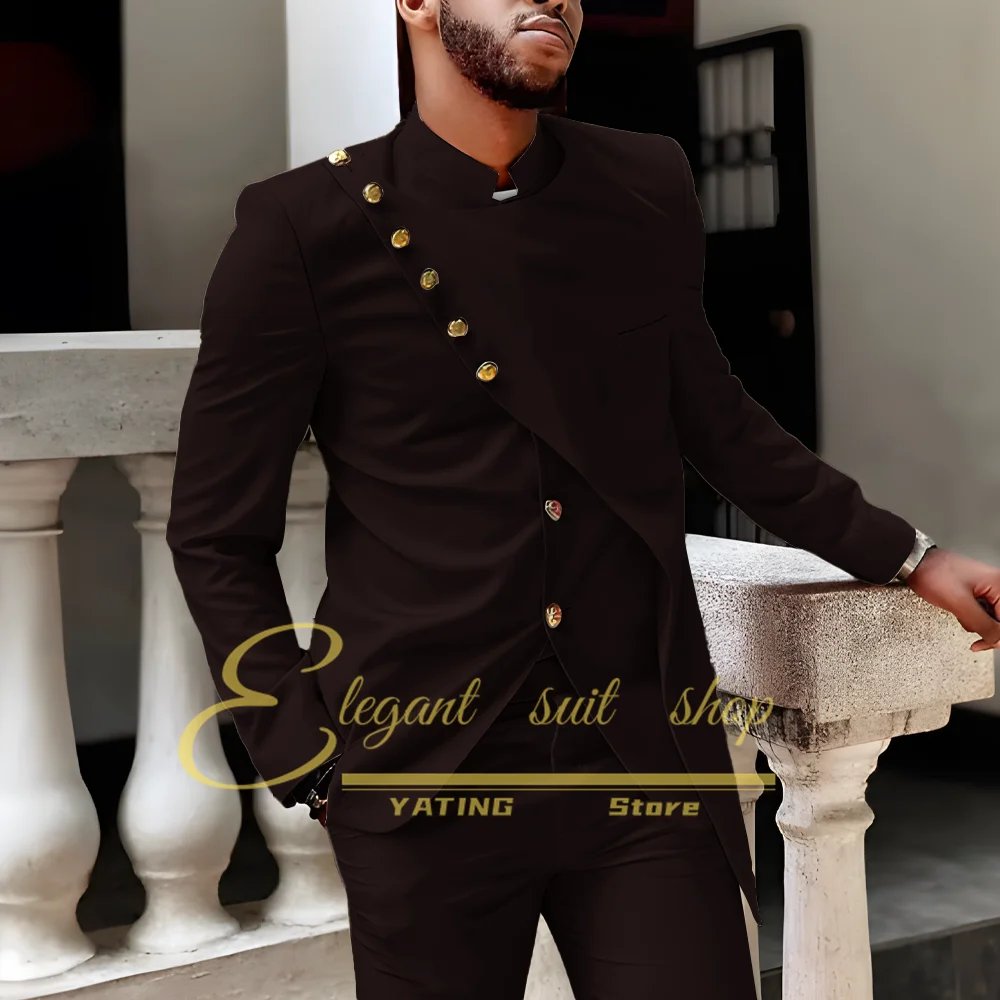 Men's stylish single breasted gold button 2 piece off suit, African style stand collar custom elegant men's casual wear
Men's stylish single breasted gold button 2 piece off suit, African style stand collar custom elegant men's casual wear