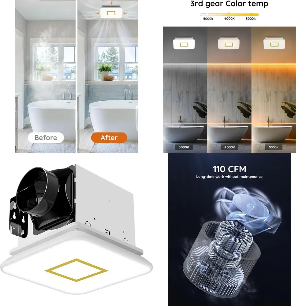 110CM 1.0 Sones 1200lm LED Light, 3000K/4000K/5000K Adjustable, 120V 43W Quiet Bathroom Ventilation for Shower/Restroom/Home (Go
110CM 1.0 Sones 1200lm LED Light, 3000K/4000K/5000K Adjustable, 120V 43W Quiet Bathroom Ventilation for Shower/Restroom/Home (Go