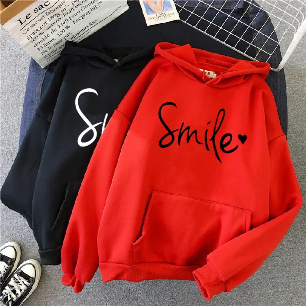 Long-sleeved Women Pullover Hoodie with Drawstring Hat with Front Pocket Casual Sweatshirt Loose Style Smile Printed
Long-sleeved Women Pullover Hoodie with Drawstring Hat with Front Pocket Casual Sweatshirt Loose Style Smile Printed