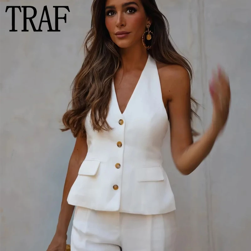 TRAF Woman White Vest Backless Sleeveless Vests For Women Summer Halter Neck Waistcoat Women's Suit Vest Elegant Womens Jackets
TRAF Woman White Vest Backless Sleeveless Vests For Women Summer Halter Neck Waistcoat Women's Suit Vest Elegant Womens Jackets