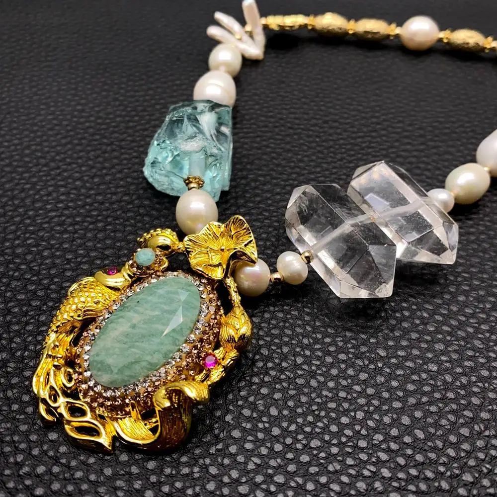 KKGEM 38x54mm Green Amazonite Cz Pave Pendant 11x15mm Cultured White Pearl Quartz Double Point Necklace
KKGEM 38x54mm Green Amazonite Cz Pave Pendant 11x15mm Cultured White Pearl Quartz Double Point Necklace