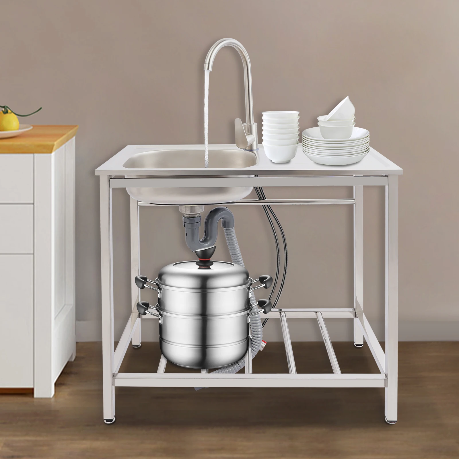 201 Stainless Steel Freestanding Commercial Sink, 88.18lbs Capacity Kitchen Single Bowl Sink Set With Faucet For Home Restaurant
201 Stainless Steel Freestanding Commercial Sink, 88.18lbs Capacity Kitchen Single Bowl Sink Set With Faucet For Home Restaurant
