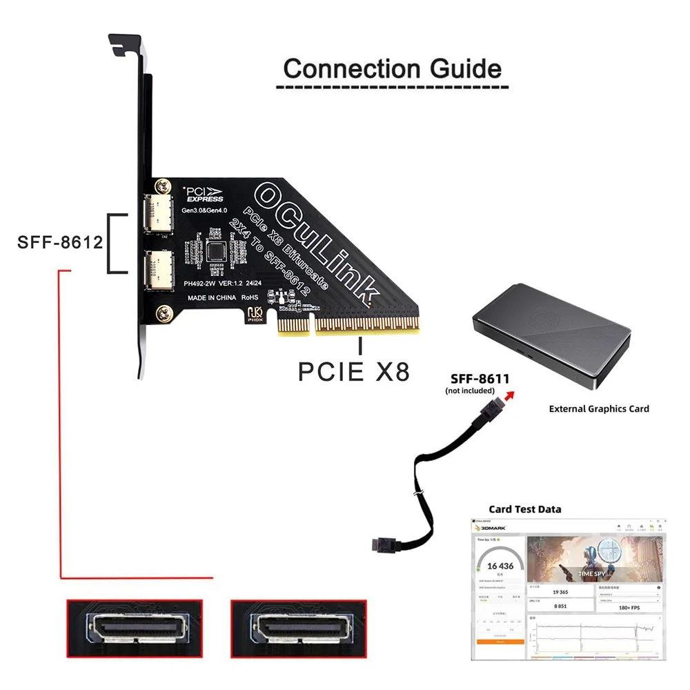 PCI-Express 4.0 PCIE 8X Detachable to Dual Oculink SFF-8612/8611 VROC Raid0 Adapter for U.2 SSD eGPU External Graphics Card Dock
PCI-Express 4.0 PCIE 8X Detachable to Dual Oculink SFF-8612/8611 VROC Raid0 Adapter for U.2 SSD eGPU External Graphics Card Dock