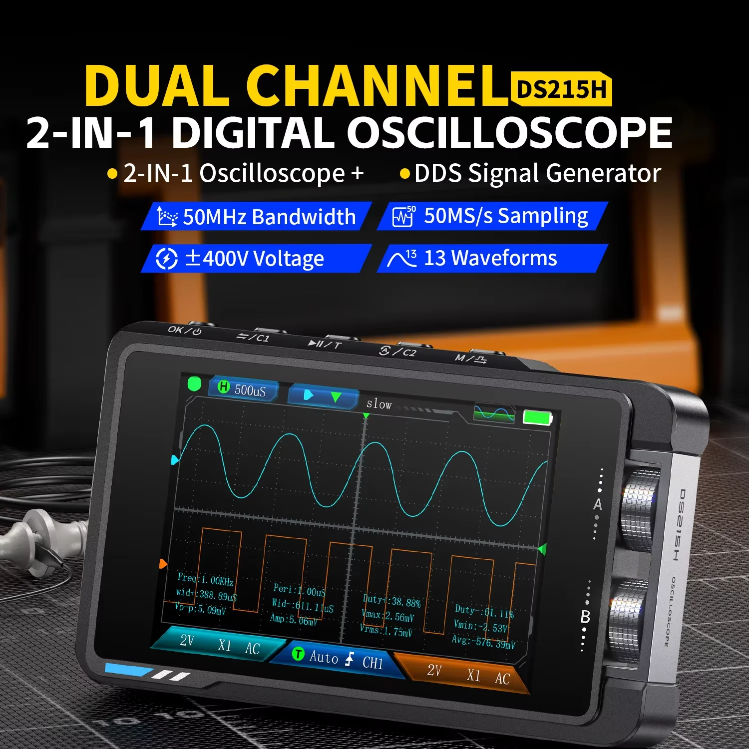 FNIRSI DS215H Oscilloscope Signal Generator 2 in 1 Electronic Repair Tool Dual Channel 50MHz Bandwidth 250MS/s Sampling Rate
FNIRSI DS215H Oscilloscope Signal Generator 2 in 1 Electronic Repair Tool Dual Channel 50MHz Bandwidth 250MS/s Sampling Rate