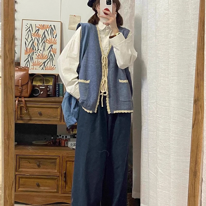 Spring Autumn Two Piece Set Woman Lace Strap Retro Artistic Knitted Sweater Cardigan Vest Layered Long Sleeved Shirt Female Chic
Spring Autumn Two Piece Set Woman Lace Strap Retro Artistic Knitted Sweater Cardigan Vest Layered Long Sleeved Shirt Female Chic