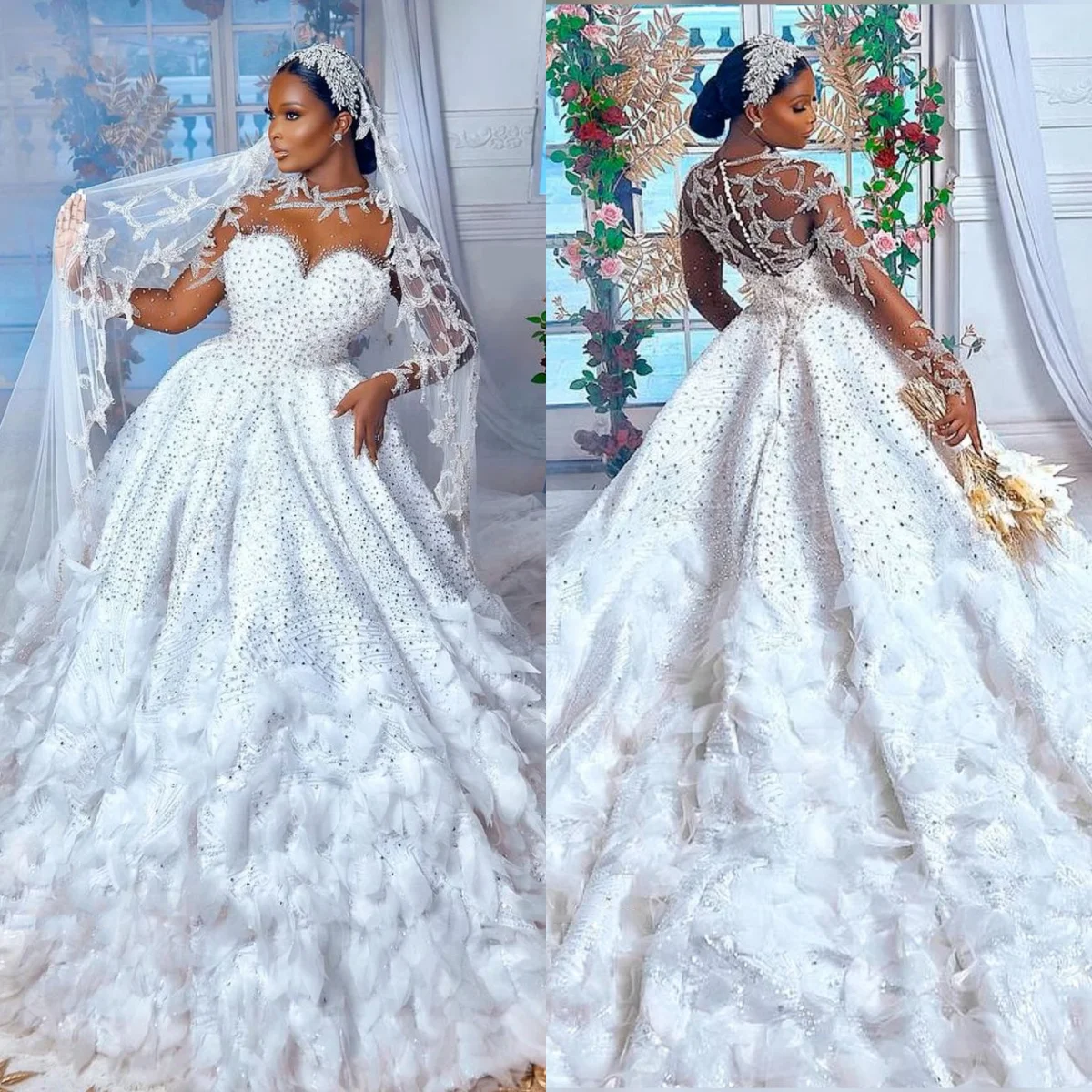 Gorgeous Sweetheart Collar Ball Dress Lace Long Sleeve Feather Bordered Bride Dress A-line Long Tail Wedding Dress Customized
Gorgeous Sweetheart Collar Ball Dress Lace Long Sleeve Feather Bordered Bride Dress A-line Long Tail Wedding Dress Customized
