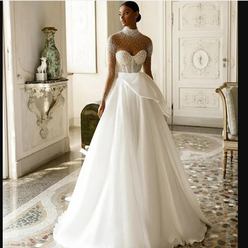 Customized High Neck See Through Sparkly Beads Sequins Wedding Dress Vestidos De Novia Illusion Full Sleeves A-Line Bridal Gown
Customized High Neck See Through Sparkly Beads Sequins Wedding Dress Vestidos De Novia Illusion Full Sleeves A-Line Bridal Gown