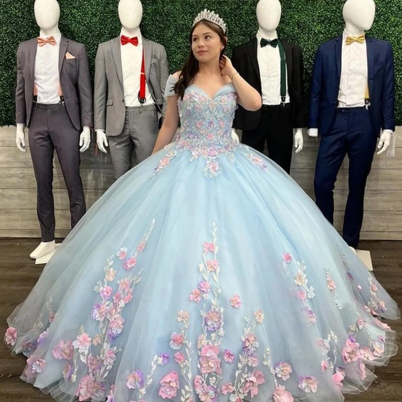 Sky Blue Quinceanera Dresses Pink 3D Flowers Floral Appliques Lace Ball Gown Off The Shoulder Corset Vestidos De XV Anos
Sky Blue Quinceanera Dresses Pink 3D Flowers Floral Appliques Lace Ball Gown Off The Shoulder Corset Vestidos De XV Anos