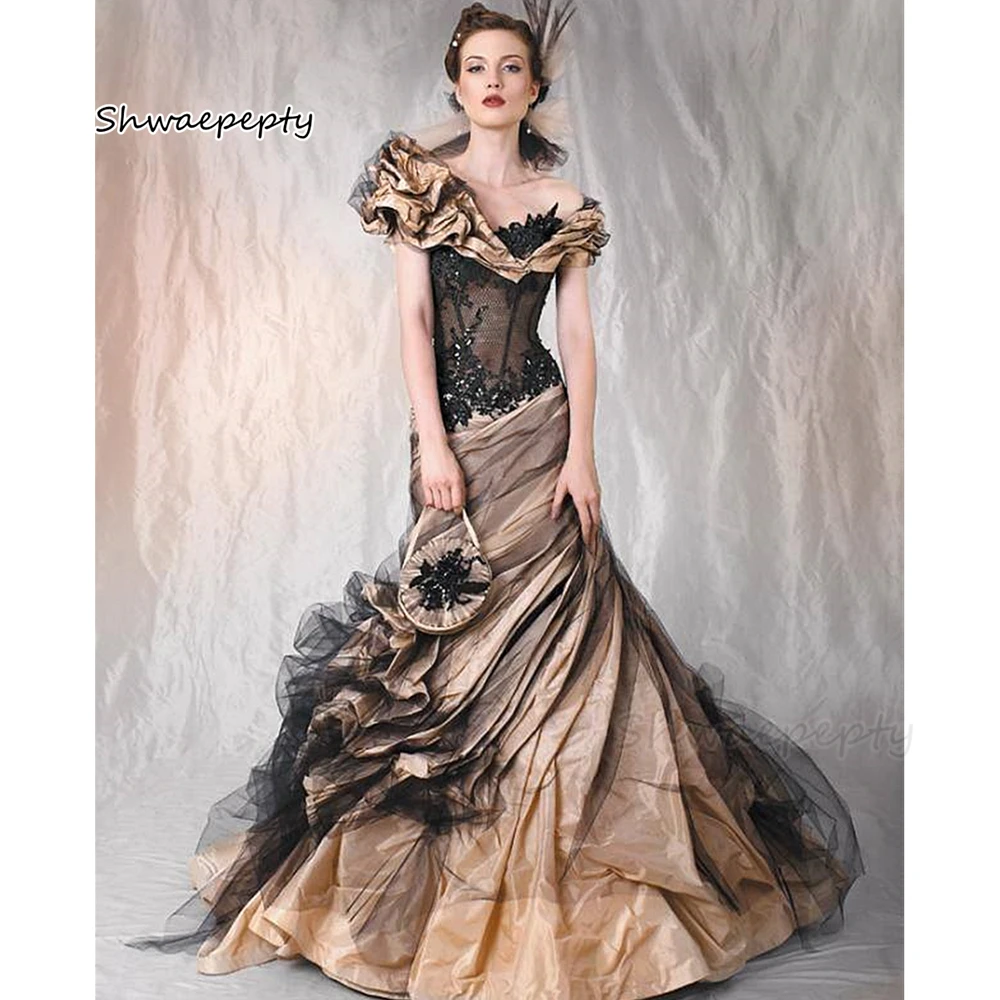 Vintage Mermaid Wedding Dresses Ruched Off Shoulder Black Lace Gothic Wedding Gown Taffeta Bride Reception Dress Customized
Vintage Mermaid Wedding Dresses Ruched Off Shoulder Black Lace Gothic Wedding Gown Taffeta Bride Reception Dress Customized