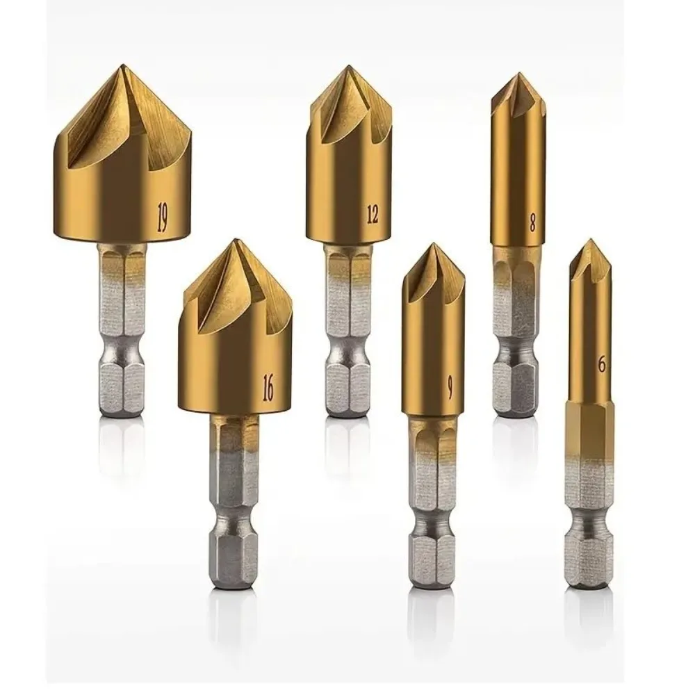 1/4 Hex Shank 5Flute Chamfering Drill Bits Titanium Coated Center Countersink Bits for Wood Drilling 6 8 9 12 16 19mm
1/4 Hex Shank 5Flute Chamfering Drill Bits Titanium Coated Center Countersink Bits for Wood Drilling 6 8 9 12 16 19mm