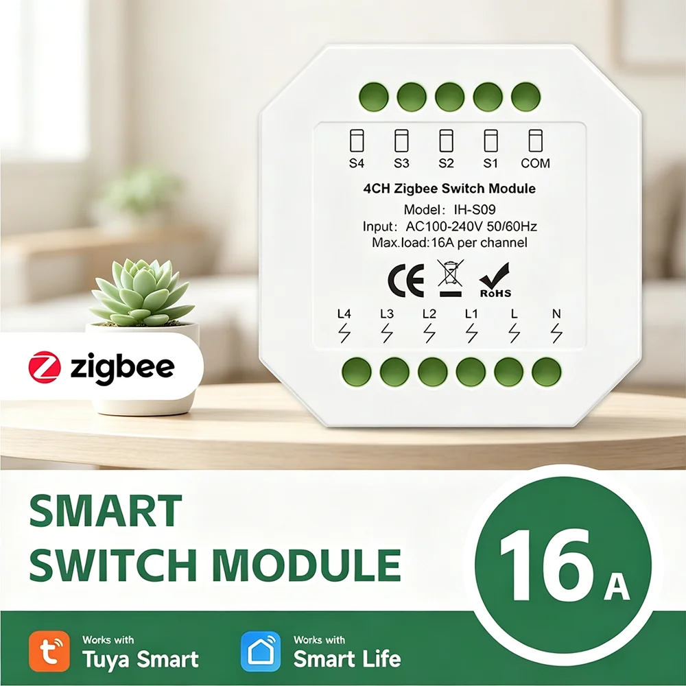 Tuya Zigbee 1-4CH Smart Switch Module 16A Relay Breaker with DIY Light Control Works with Alexa Google Smart Life