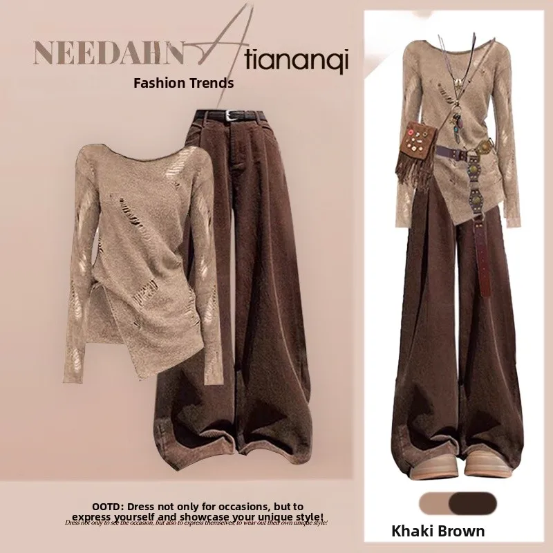 Spring 2026 Trendy Hollow out Denim Jaet And Wide Leg Pants Two Piece Set for Women Casual Loose Fit Vintage Sle
Spring 2026 Trendy Hollow out Denim Jaet And Wide Leg Pants Two Piece Set for Women Casual Loose Fit Vintage Sle