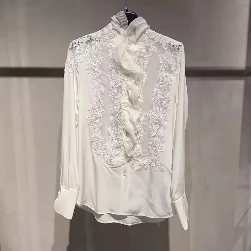 High Quality White Silk Blouse Sexy Ladies Transparent Embroidered Lace Shirt Fashion Ruffles Top
High Quality White Silk Blouse Sexy Ladies Transparent Embroidered Lace Shirt Fashion Ruffles Top