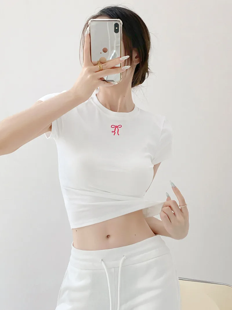 2024 Summer New Small Round Neck Bow Embroidered Elastic Slim Short T-shirt Women Cinching Waist Short Sleeve Leisure Top F107
2024 Summer New Small Round Neck Bow Embroidered Elastic Slim Short T-shirt Women Cinching Waist Short Sleeve Leisure Top F107