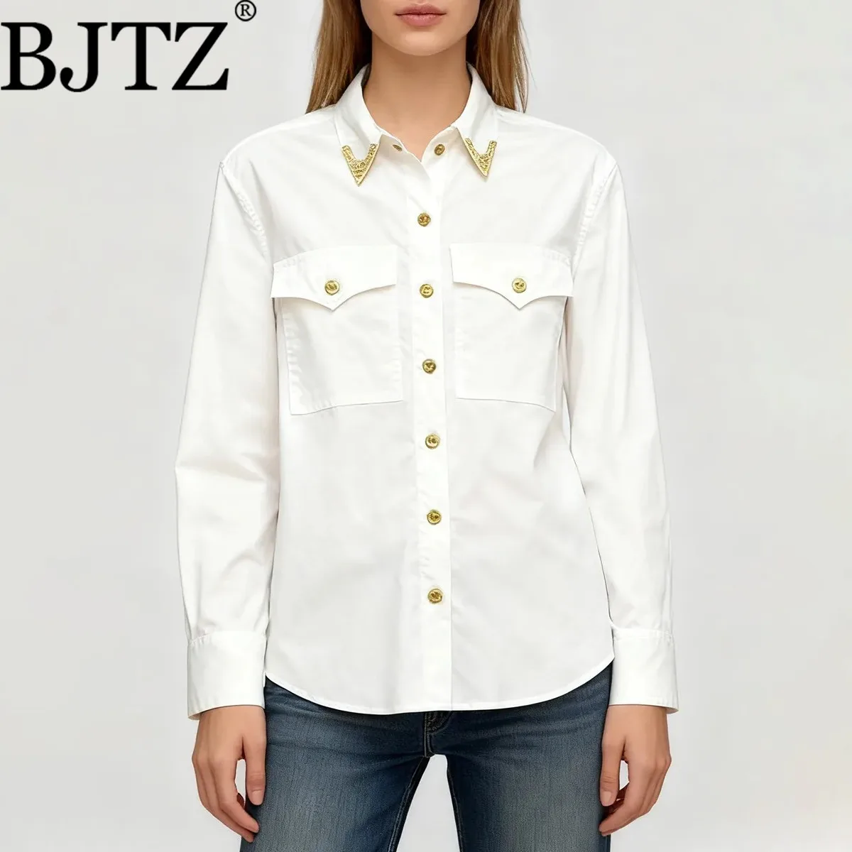 BJTZ облегающая блузка с золотыми пуговицами, женская рубашка из чистого хлопка с длинными рукавами, весна-осень 2026, универсальная офисная повседневная рубашка
BJTZ облегающая блузка с золотыми пуговицами, женская рубашка из чистого хлопка с длинными рукавами, весна-осень 2026, универсальная офисная повседневная рубашка