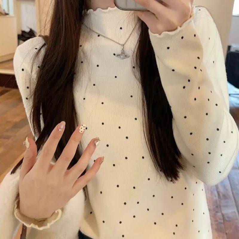 Женская футболка в корейском стиле, модная базовая модель для весны и осени, внутренняя одежда с воротником-стойкой, полуполо, с дизайнерским принтом в горошек, облегающий крой, топы
Женская футболка в корейском стиле, модная базовая модель для весны и осени, внутренняя одежда с воротником-стойкой, полуполо, с дизайнерским принтом в горошек, облегающий крой, топы