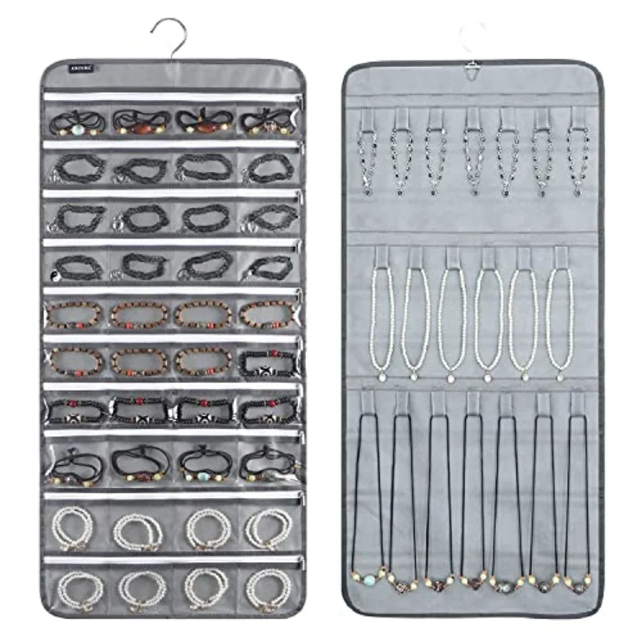 Dual-sided Hanging Jewelry Organizer with 40 Zippered Pockets and 20 Hook Loops Necklace Holder Jewelries Organizer for Earring
Dual-sided Hanging Jewelry Organizer with 40 Zippered Pockets and 20 Hook Loops Necklace Holder Jewelries Organizer for Earring