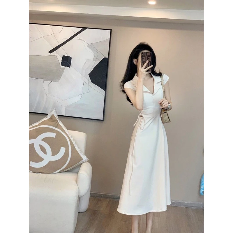 Summer Korean Slim Appear Thin Solid Color Tailored Collar Short Sleeve Dresses Women Fashion Office Lady All-match A-line Skirt
Summer Korean Slim Appear Thin Solid Color Tailored Collar Short Sleeve Dresses Women Fashion Office Lady All-match A-line Skirt