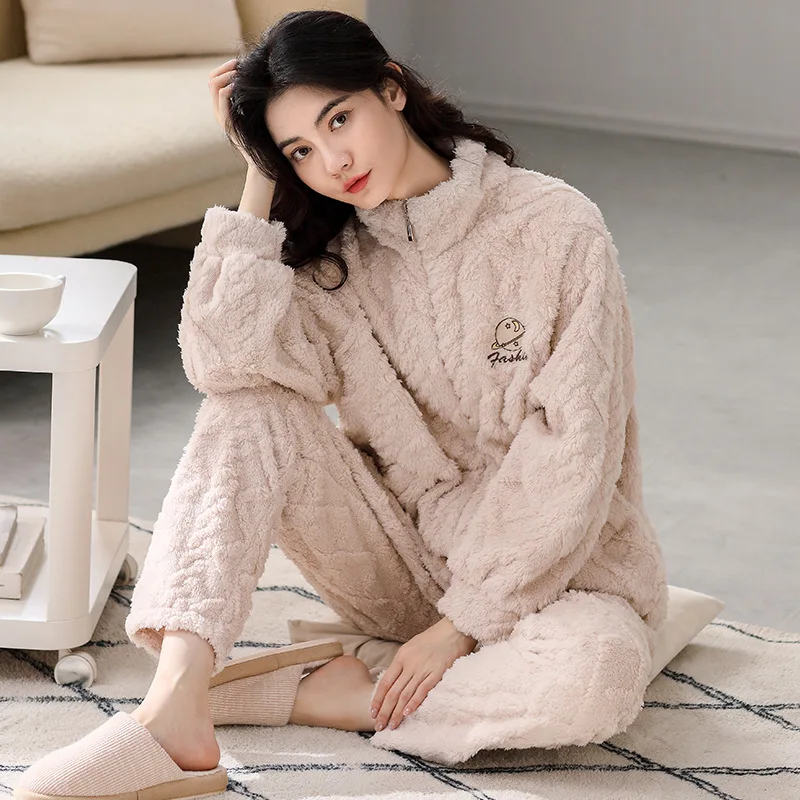 Coral Fleece Sleepwear Women Pajamas With Zipper Home Clothes Winter Warm Loungewear Thick Flannel Jacquard Nightgown
Coral Fleece Sleepwear Women Pajamas With Zipper Home Clothes Winter Warm Loungewear Thick Flannel Jacquard Nightgown