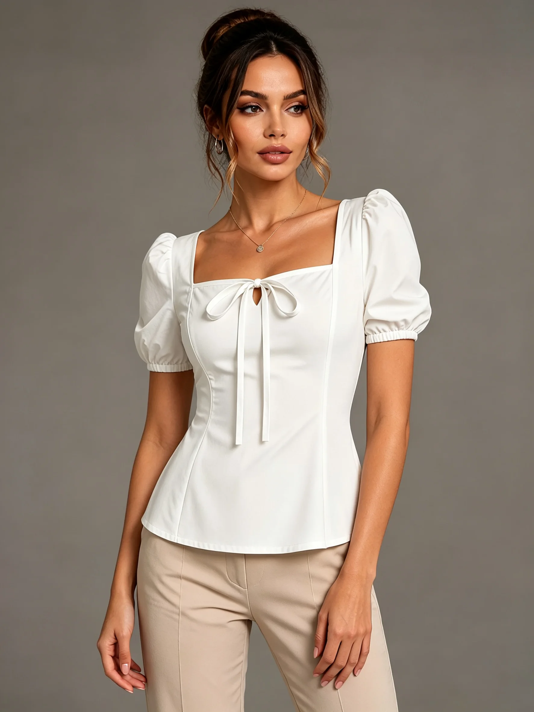 LIMO June New Women Square Neck Puff Short Sleeve Blouse Front Bow Tie Cutout Slim Fit Solid Casual Tops
LIMO June New Women Square Neck Puff Short Sleeve Blouse Front Bow Tie Cutout Slim Fit Solid Casual Tops