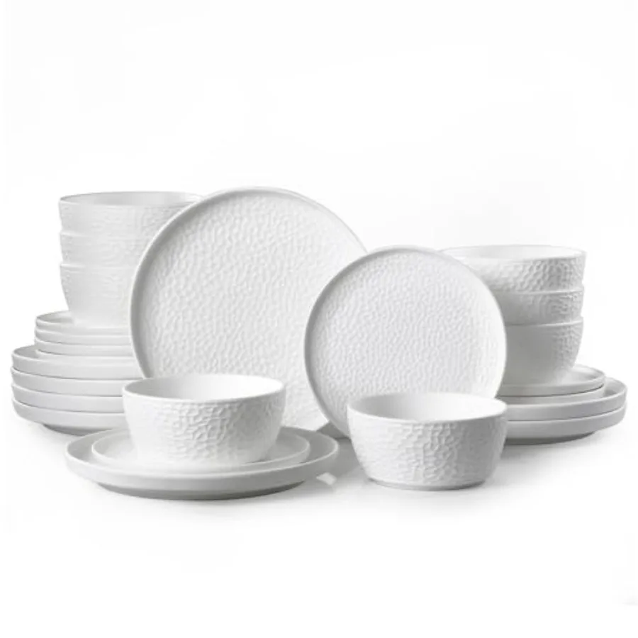 Ceramic Dinnerware Set, 24-Piece Porcelain Plates and Bowls Set for 8, Matte Black or White, Hammered Texture, Microwave, Dishw
Ceramic Dinnerware Set, 24-Piece Porcelain Plates and Bowls Set for 8, Matte Black or White, Hammered Texture, Microwave, Dishw
