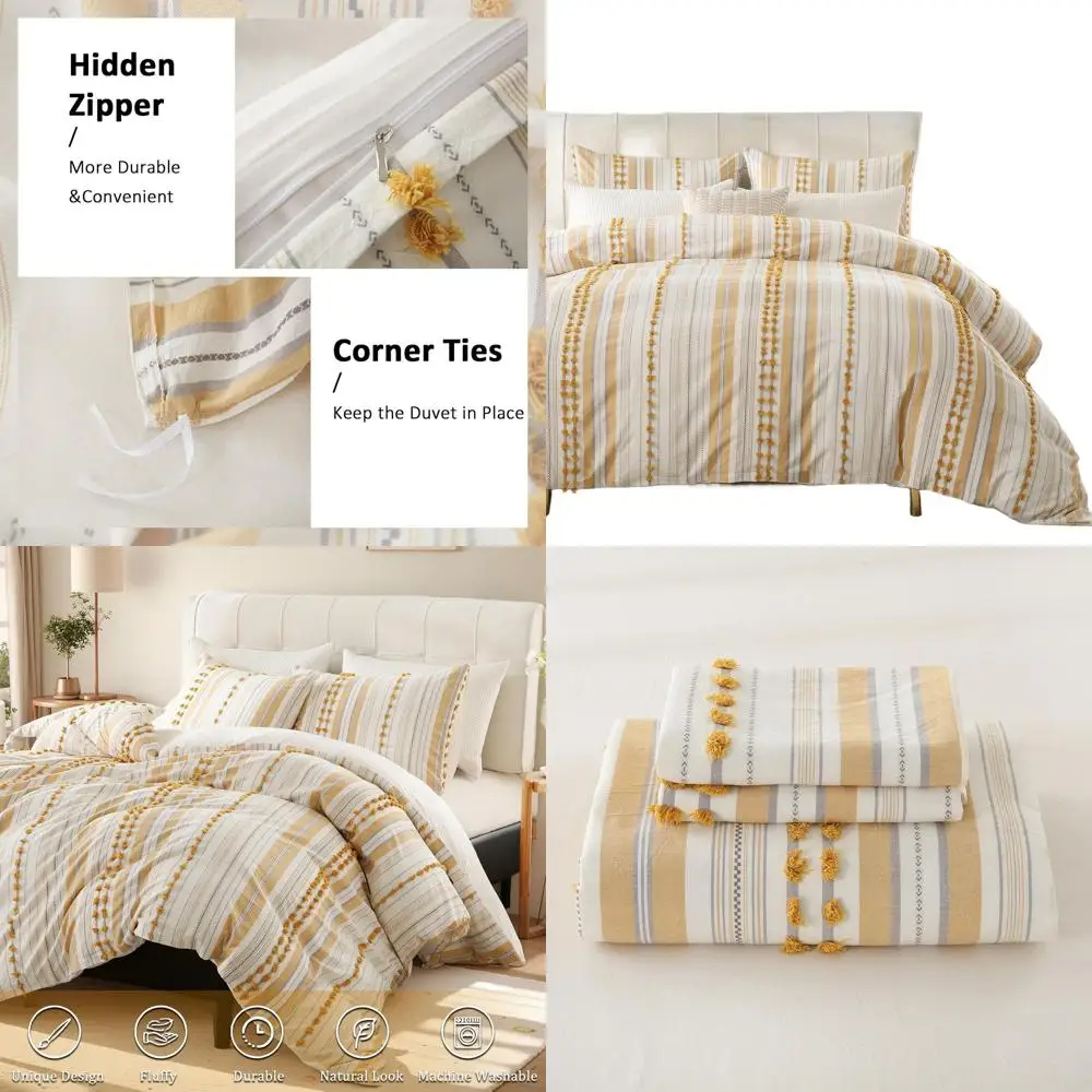 King Size Cotton Striped Duvet Cover Set - Cream & Yellow with Embroidered Details, Ultra Soft Boho Style Bedding
King Size Cotton Striped Duvet Cover Set - Cream & Yellow with Embroidered Details, Ultra Soft Boho Style Bedding