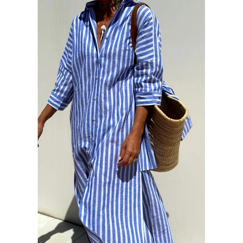 Casual Striped Printed Shirt Dress 2026 New Loose Lace-up Three Quarter Sleeve Cardigan Lapel Maxi Dresses for Women Vacation
Casual Striped Printed Shirt Dress 2026 New Loose Lace-up Three Quarter Sleeve Cardigan Lapel Maxi Dresses for Women Vacation