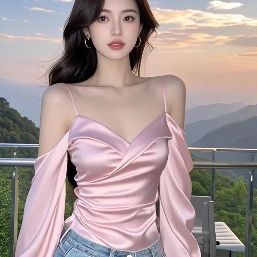 Korejpaa French Style Women Shirt Elegant Slash Neck Off Shoulder Strap Satin Slimming Blouse Gentle Sweet Pink Blusas Mujer
Korejpaa French Style Women Shirt Elegant Slash Neck Off Shoulder Strap Satin Slimming Blouse Gentle Sweet Pink Blusas Mujer
