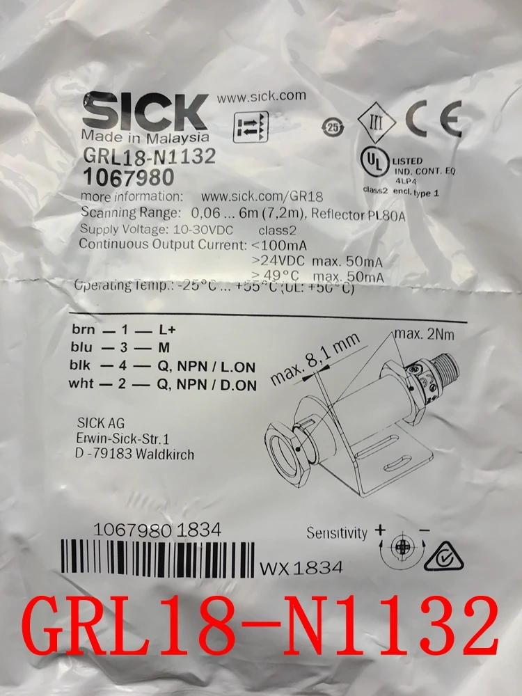 Фотоэлектрический переключатель SICK с зеркальным отражением, 2025 г., GRL18-N1132 GRL18-P1132 GRL18S-N1331
Фотоэлектрический переключатель SICK с зеркальным отражением, 2025 г., GRL18-N1132 GRL18-P1132 GRL18S-N1331