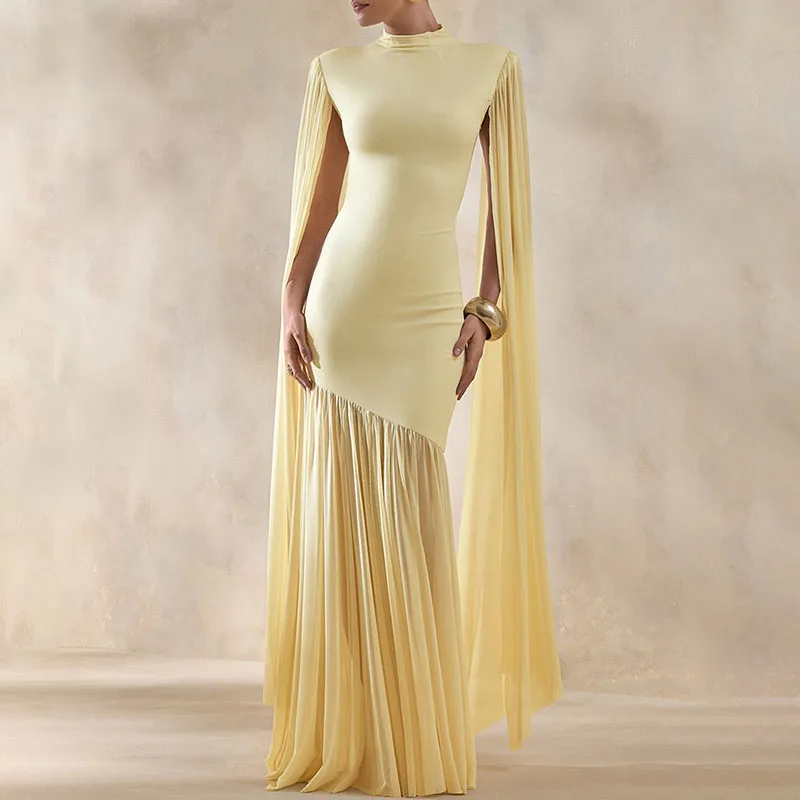 Unique Cape Sleeve Slim Fit Hip Hugging Dress Fashion O-neck Waist Cinch Pleated Dress Elegant Solid Irregular Mesh Splice Dress
Unique Cape Sleeve Slim Fit Hip Hugging Dress Fashion O-neck Waist Cinch Pleated Dress Elegant Solid Irregular Mesh Splice Dress